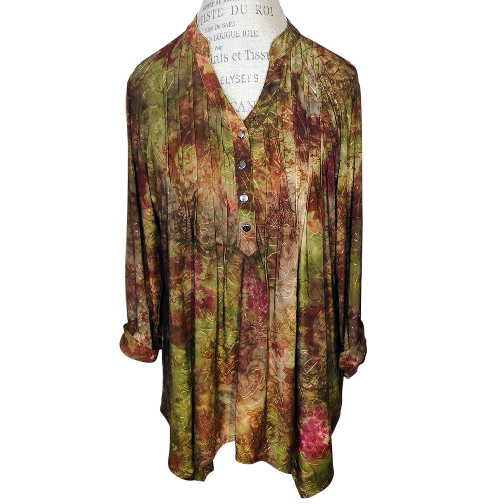 Cocomo Pintuck Top Womens XL Green Brown Floral Fairy Grunge Goblincore Flowy